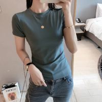 欧洲站2021夏季新款洋气修身上衣纯棉半袖纯色体恤百搭短袖t恤女 军绿色 S