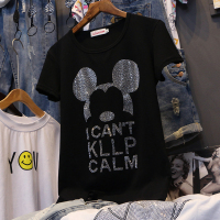 250斤短袖t恤女2021夏新款宽松大码韩版洋气重工烫钻t恤裙潮肥佬 烫钻英文米奇 S[70~80斤]