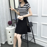 2021夏装新款连衣裙黑白条纹中长款短袖修身显瘦韩版女装百搭裙子 黑色 2-2条纹 S