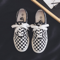 帆布鞋女鞋学生2021年新款夏季百搭ulzzang黑白格子布鞋板鞋 系带-白黑 35 女款