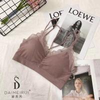 新款精品内衣女无钢圈文胸细带子蕾丝背心聚拢美背抹胸裹胸 奶咖 均码