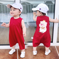 婴儿连体衣服宝宝夏装夏季薄款短袖背带裤子套装过年春装拜年红色 酒红皇冠猪平角 80码建议1-2岁