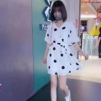 波点雪纺连衣裙女2021年夏装新款收腰显瘦遮肚子小个子两件套短裙 白色 裙+裤 M 建议70-90斤