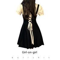 JMSHOP 童话公主梦 收腰连衣裙2021新款假两件百褶裙绑带黑色裙子 精灵绑带黑 XS