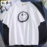 笑脸短袖T恤男夏季情侣装百搭韩版潮流胖子加肥大码宽松体恤 6944白色 S