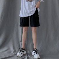工装短裤女夏季2021年新款宽松直筒潮ins中裤高腰港味运动五分裤 黑色 S