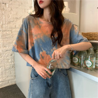 2021年春夏季新款女装别致设计感小众短款薄款上衣潮扎染短袖t恤 橙色 M