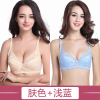 蕾丝文胸超薄款无海绵大胸衣女式性感聚拢夏天乳罩大码内衣调整型 肤色+浅蓝 90B=40B[薄款]