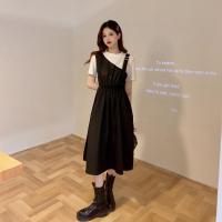 吊带裙辣妹气质高腰夏季2021新款显瘦假两件短袖连衣裙女生裙子 黑色 S