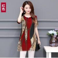 大码女装2021夏装阔太太高贵打底衫胖女人遮肚显瘦上衣女洋气小衫 红色豹纹 M[建议100斤以下]