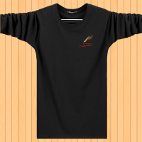 男士t恤纯棉上衣宽松打底衫春秋长袖汗衫运动圆领加肥加大码秋衣 黑色 羽毛胸标 M 适合100-120斤