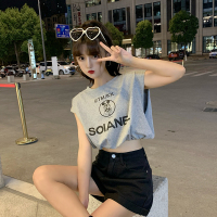 假两件t恤女夏装2020新款无袖坎肩高腰短款露肚脐宽松上衣外穿潮 花灰色 [拼接白色背心] S