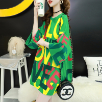 2021夏装新款洋气字母中长款t恤女韩版宽松炸街港风扎染慵懒上衣 绿色[596#] M