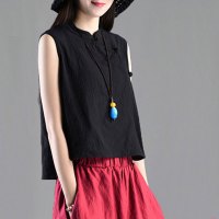 文艺范复古棉麻背心女装夏外穿亚麻无袖短款盘扣宽松民族风上衣 黑色 M【95-110斤】