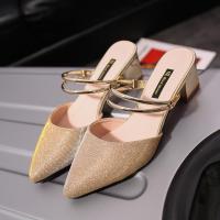 女夏2021新款韩版百搭网红凉鞋粗跟中跟外穿半拖银色亮片高跟凉拖 金色 39