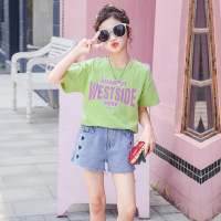 女童短袖t恤夏装2021新款中大童宽松半袖儿童纯棉洋气韩版夏季潮 果绿英文 110cm