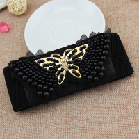 松紧腰带女士珍珠蝴蝶结宽版束腰封韩版蕾丝弹力裙子装饰修身裙带 黑色[EL11]