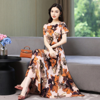 2021新款高端棉绸连衣裙夏天时尚外穿妈妈中年印花甜美长裙子显瘦 1# XL 建议90-105斤