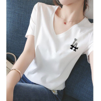 欧洲站短袖2021年夏季新款宽松白色纯棉V领t恤女洋气烫钻百搭上衣 白色 S