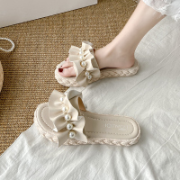 仙女风珍珠厚底凉拖鞋女夏季外穿ins潮2021年新款时尚平底沙滩鞋 米色 35