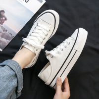 2021新款厚底帆布鞋女夏季白色增高松糕百搭两穿板鞋小白鞋半拖鞋 白黑 35