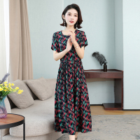 夏天高端纯棉绸连衣裙2021年新款中年气质妈妈过膝有口袋印花长裙 1# XL 建议90-105斤
