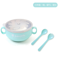 儿童餐具不锈钢吃饭碗叉勺套装婴幼儿辅食碗宝宝防摔碗隔热保温碗 绿色(普通版三件套)