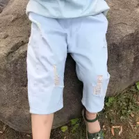 儿童短裤棉麻裤夏季男童五分裤女童半裤薄款中裤宝宝五分韩版裤子 浅蓝色 破洞中裤 130cm