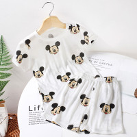 竹纤维提花婴儿幼儿夏装睡衣宝宝套装空调服薄款短袖男女儿童内衣 白色 短袖米奇套装 73cm