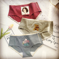 3条装 纯棉撞色中低腰内裤少女卡通印花抑菌棉裆高弹三角底裤女士 撞色纯棉插画版/枣红+墨绿+军蓝 M 80-105斤