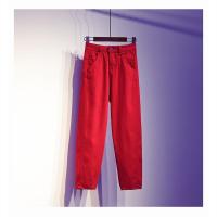 欧洲站春秋新款大码老爹裤大红色宽松显瘦休闲裤牛仔垮裤哈伦裤女 红色 8813不送腰带 S码[ 90-100斤]