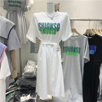 字母印花设计感收腰绑带气质韩国东大门2021女显瘦短袖T恤连衣裙 白色 M