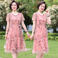 中老年女装中长款连衣裙加肥加大码中年妈妈装过膝裙洋气短袖夏装 粉色 XL(建议100斤左右)