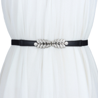 腰带女士细配连衣裙子衬衫装饰弹力松紧束腰简约时尚百搭腰封外搭 银色叶子-黑色