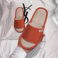女凉席拖鞋竹底男夏凉拖鞋北欧情侣居家软底棉麻编织草席拖鞋布底 布底/纯色麻/暗橘 25码（适合36-37脚穿）