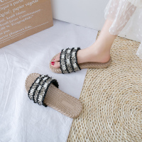 仙女风凉拖鞋女外穿2021夏季新款韩版百搭网红水钻平底懒人一字拖 黑色 35