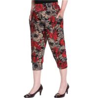 2018夏中老年女士超凉爽冰丝七分打底裤外穿薄款加肥加大妈妈裤 七分红牡丹 均码(适合90-160斤)