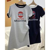 2021夏季港风时尚侧抽绳撞色字母短袖印花t恤连衣裙中长休闲a字裙 灰色 M