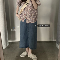 大码女装2021新款早秋高腰显瘦a字包臀半身裙胖妹妹mm牛仔长裙子 蓝色 M【建议95-105斤】