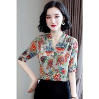 真丝上衣女式杭州桑蚕丝气质衬衣印花欧货小衫短袖半袖洋气花衬衫 灰底彩花 M