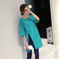 开叉T恤女装2021新款中长款网红同款短袖宽松bf风t恤裙半袖上衣潮 绿色 S[建议80-100]