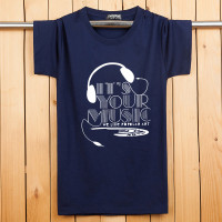 夏季圆领爸爸装加肥加大纯棉T恤特大号宽松中年男士半袖汗衫 藏蓝 耳机 M建议100--120斤