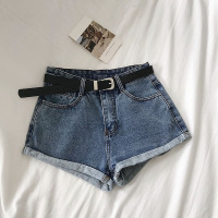 卷边牛仔超短裤女夏季2019新款韩版简约百搭高腰阔腿裤热裤配腰带 浅蓝色 S