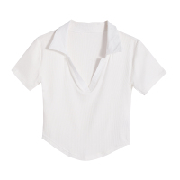 polo衫v领t恤女纯欲风夏季薄款修身辣妹不规则纯色短袖短款上衣潮 白色上衣 均码