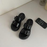 罗马鞋女夏2021年新款皮带扣厚底气质时尚百搭ins潮休闲小众凉拖 拖鞋黑 35