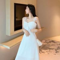 2021新款夏法式复古显瘦过膝吊带裙胖妹妹大码收腰洋气气质连衣裙 白色 S 建议90斤内
