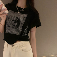 甜辣短袖T恤女2021夏季胖mm大码显瘦新款轻熟设计感小众短款上衣 黑色 S码[ 85-100斤]