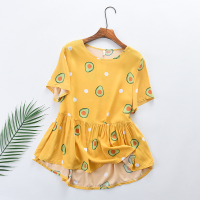 女士人造棉娃娃衫 圆领宽松人棉上衣夏季薄款人棉短袖显瘦有大码 黄色牛油果 M