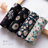 4条装 女士大码高腰内裤女冰丝性感收腹包臀纯棉底裆速干三角短裤 组合1:牡丹花+菊花+黑色+果绿 L(90-135斤)