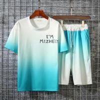 春夏季渐变色短袖T恤男士休闲潮流ins连帽夏装卫衣服情侣运动套装 浅绿色圆领套装 M